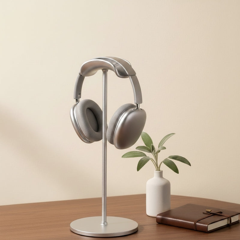Belcrest silver aluminum headphone stand with stable base and curved cradle for headphones.