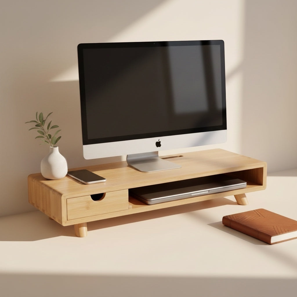 Belcrest bamboo monitor riser with drawer and open storage, perfect for organizing desk space and improving ergonomics.