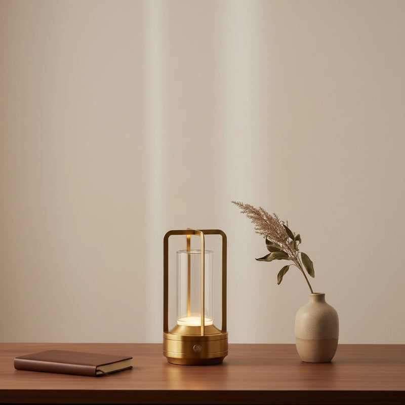Belcrest modern brass lantern table lamp with clear glass shade and minimalist frame, 10.5 inches tall.