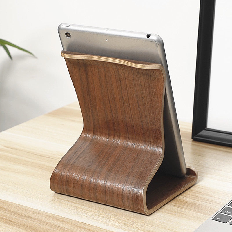Belcrest curved wooden tablet stand holder with natural wood grain finish, perfect for desks.