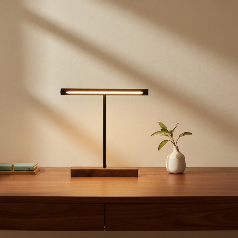Belcrest Modern minimalist desk lamp with dark metal stem and warm wood base, emitting soft ambient light.