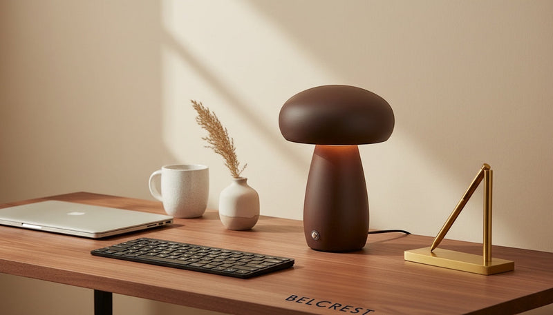 Belcrest cordless mushroom lamp with touch control in dark walnut finish, USB rechargeable.