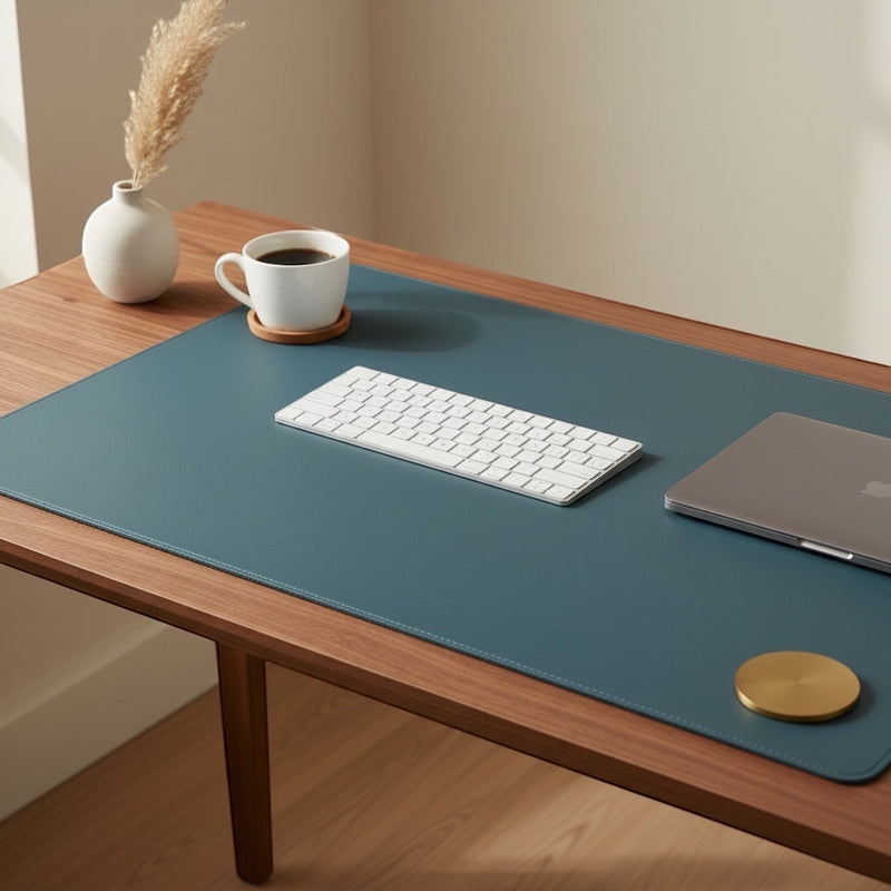 Belcrest reversible desk pad in teal vegan leather with white keyboard and laptop. Features cork coaster and vase.