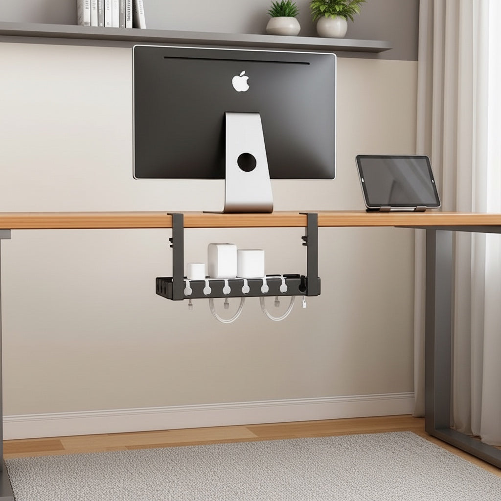 Belcrest black metal under desk retractable cable management tray with adjustable length, clamps, and cable organizers.