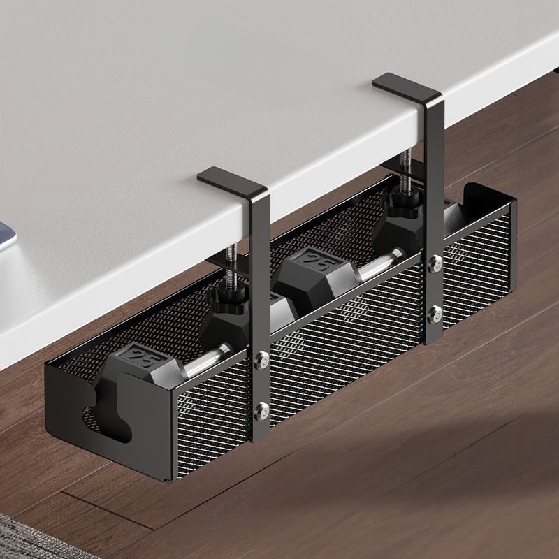 Belcrest black mesh metal under desk storage basket organizer with adjustable clamps holding dumbbells.
