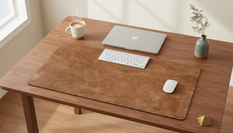 Belcrest brown vegan suede desk mat for keyboard and mouse stability, with a textured finish and non-slip backing.