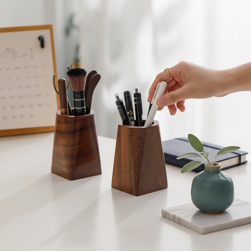Belcrest solid walnut desk organizer for pens and small tools. Features a tapered square base and smooth, hand-finished surface.