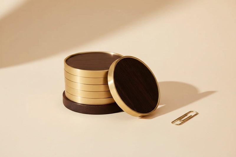 Belcrest set of dark wood round coasters with brass trim, stacked on a wooden base.