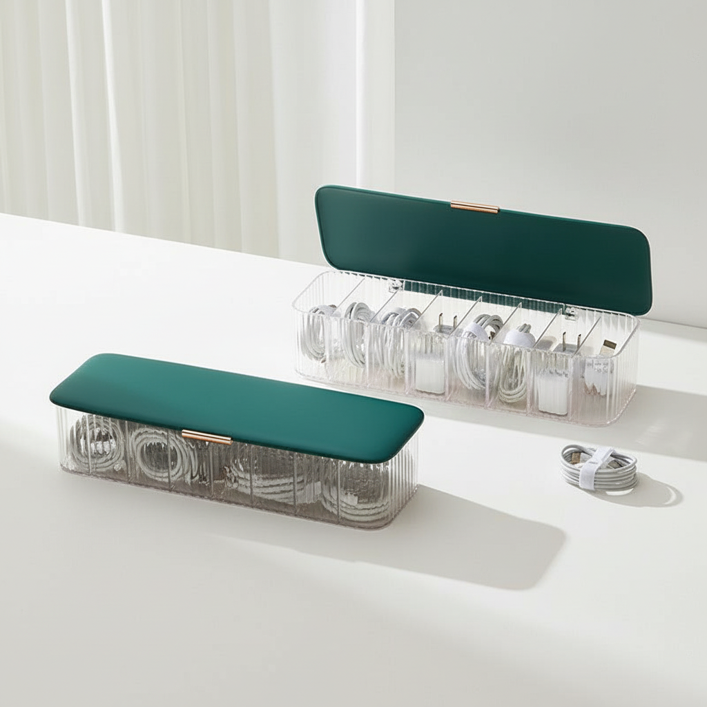 8-Compartment Cable Storage Box — Dustproof Desk Organizer - product photo