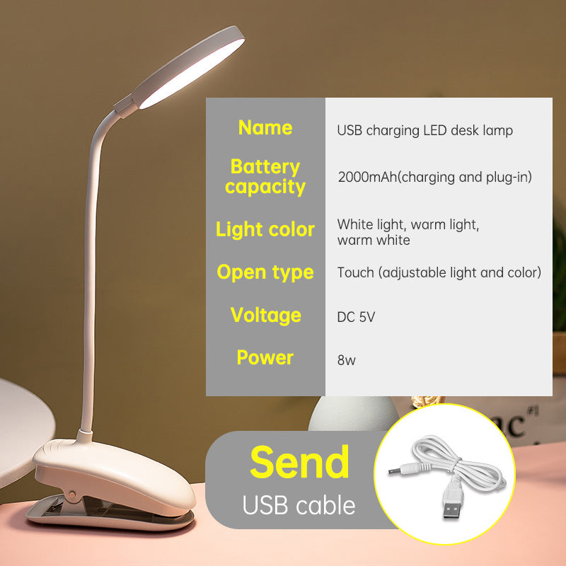 Rechargeable Clamp Desk Lamp - White Charging 2000Ma+USB Cable
