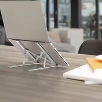 Belcrest adjustable aluminum laptop stand, silver, ergonomic design for improved posture and airflow.