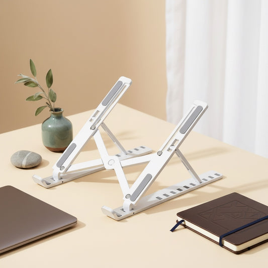 Belcrest white adjustable aluminum laptop stand with grey non-slip pads, ergonomic design for desks.