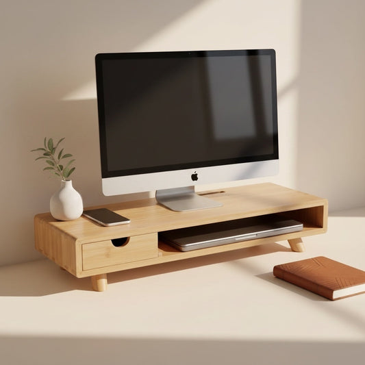 Belcrest bamboo monitor riser with drawer and open storage, perfect for organizing desk space and improving ergonomics.