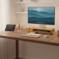 Belcrest bamboo monitor riser with drawer and open storage, natural wood finish, elevates screen for ergonomic viewing.