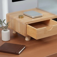 Belcrest bamboo monitor riser with drawer and open storage, natural wood finish, elevates screen for comfort and organization.
