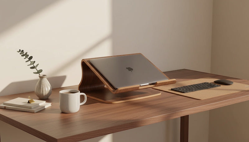 Belcrest curved wooden laptop stand holding a silver laptop, promoting ergonomic viewing and airflow. Natural wood finish.