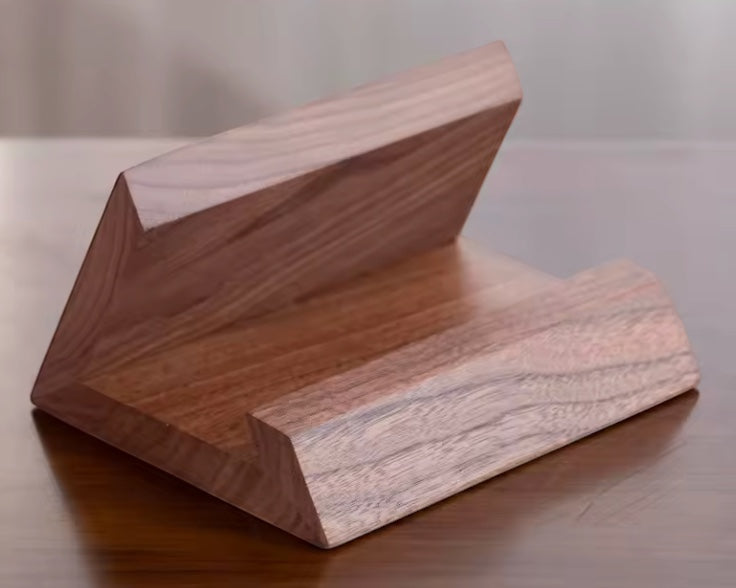 Belcrest modern wooden tablet stand with natural grain, ideal for desks and workspaces.