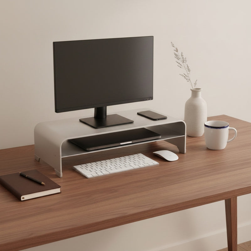 Belcrest light grey aluminum monitor riser with two tiers, holding laptops and a phone. Stores keyboard underneath.