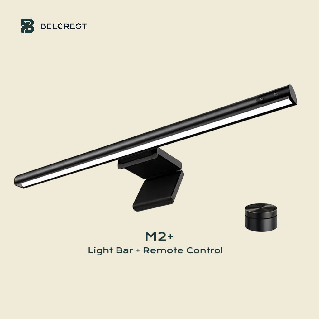 Belcrest black aluminum screen bar lamp with adjustable brightness and color temperature, includes wireless remote.