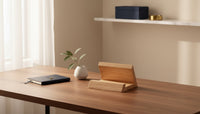 Belcrest solid light wood tablet and phone stand with a minimalist design, perfect for desks.