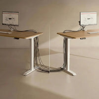Belcrest Adjustable Standing Desk Cable Management System in aluminum alloy, showing before and after organization of cables.