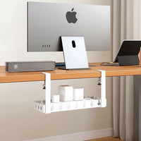 Belcrest white metal under desk cable management tray with slots for organizing cords and power strips.