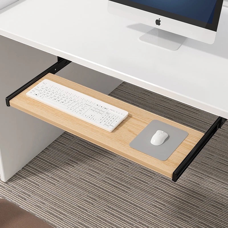 Belcrest under desk keyboard tray drawer with smooth gliding mechanism, light wood finish and black metal frame.