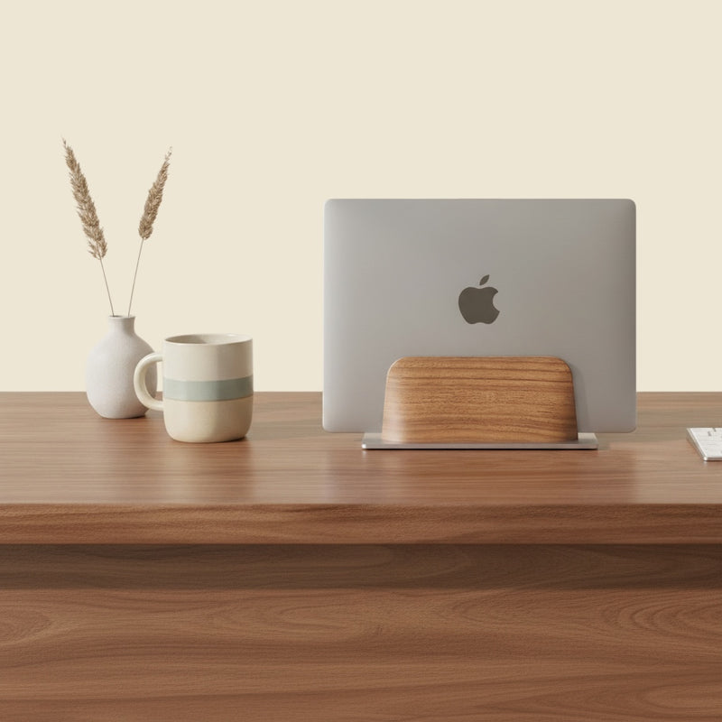 Belcrest vertical laptop stand made of walnut and aluminum, holding a laptop with the Belcrest logo.