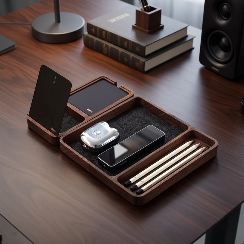 Belcrest solid walnut desk tray with compartments for pens, cards, and small gear. Features felt lining.