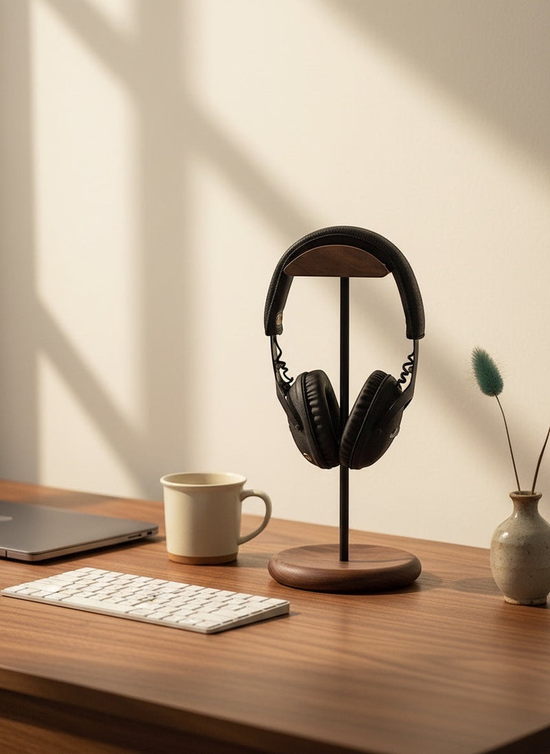 Belcrest wooden headphone stand with matte black stem holding black headphones, on a wooden desk with a mug and keyboard.