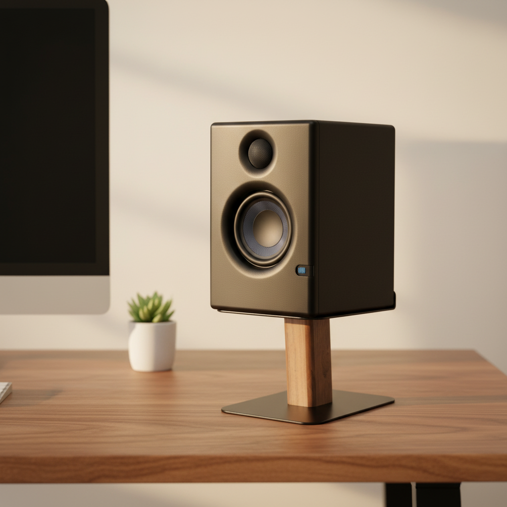 Black Walnut Speaker Stands — Desktop Audio Risers for Setup on styled home office desk