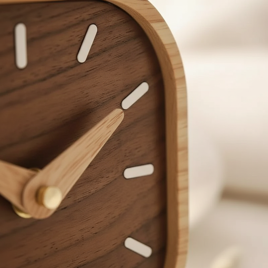 Black Walnut Silent Desk Clock — Nordic Home Office Decor - close-up