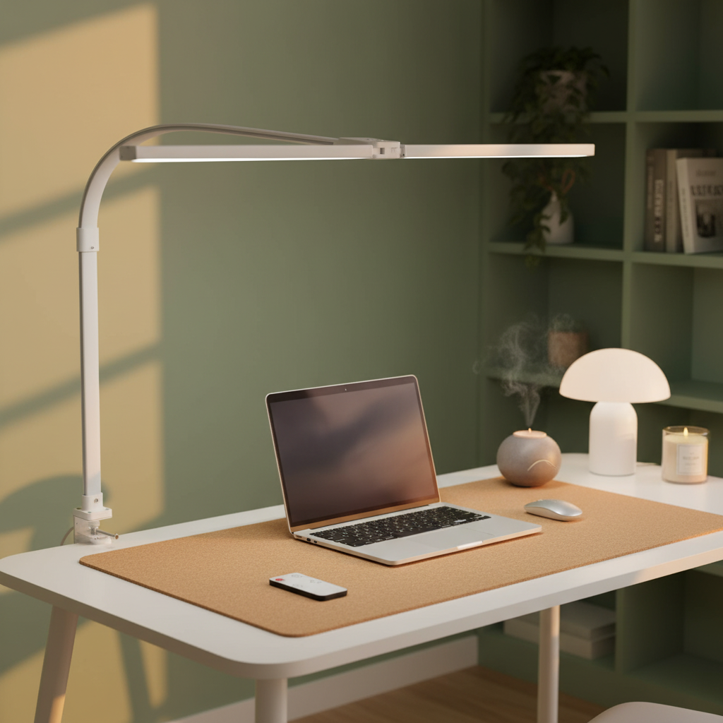 Dual-Head LED Desk Lamp — Wide Coverage for Desk Setup on styled home office desk