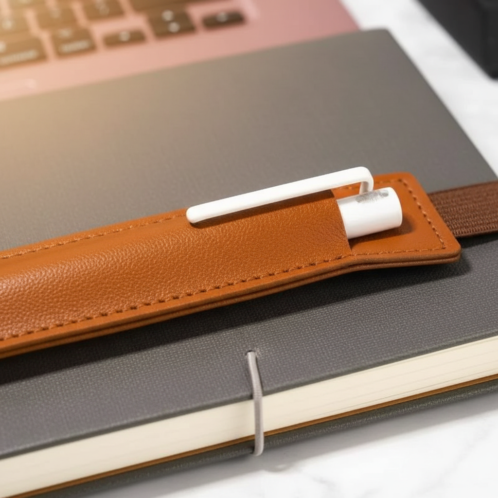 Elastic Notebook Pen Holder — Leather Sleeve for Desk Setups - close-up
