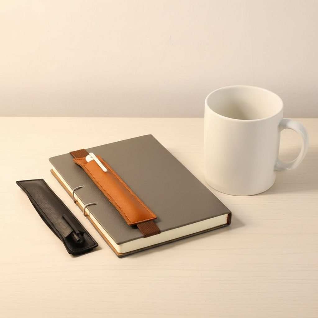 Elastic Notebook Pen Holder — Leather Sleeve for Desk Setups - size reference